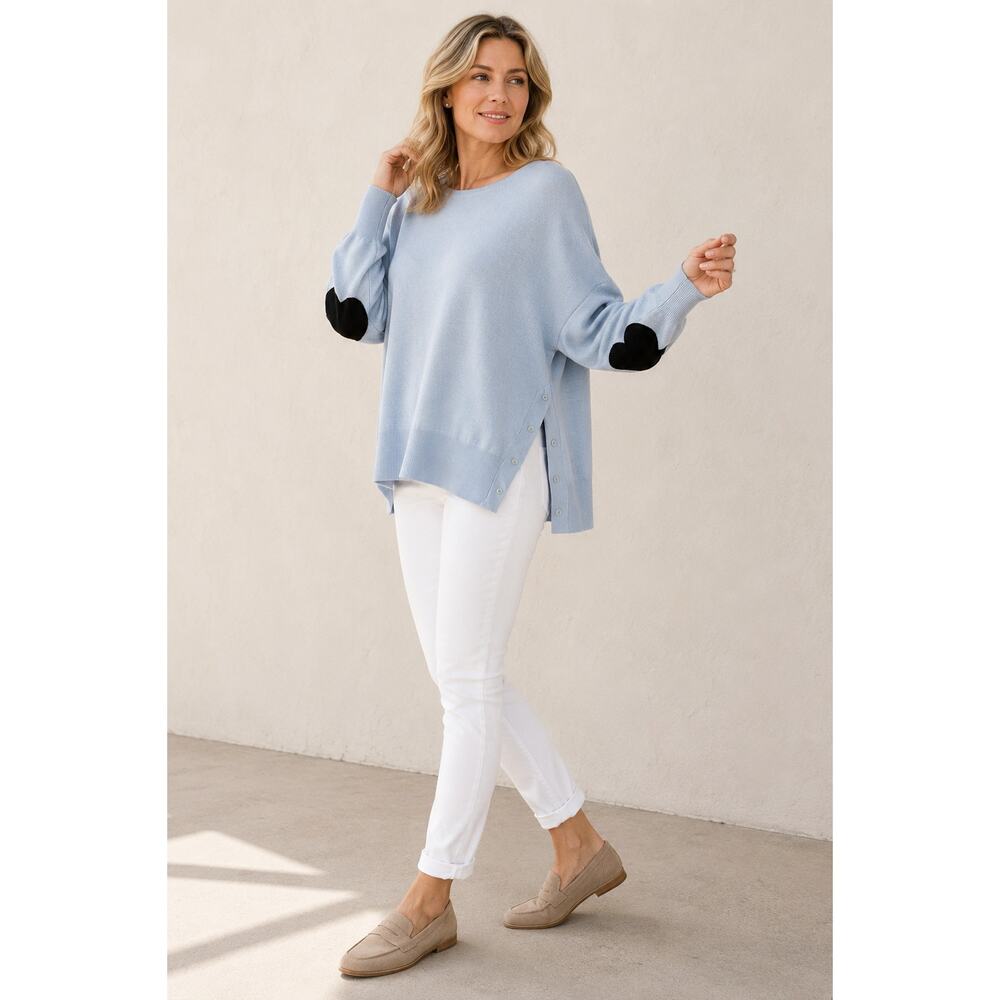 MERSEA Amour Sweater OS Light Blue Black Heart Elbow Patch Side Button Knit
